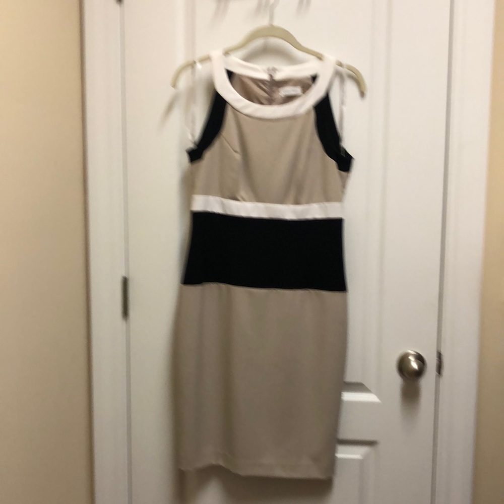 Calvin Klein tan, black and white striped shapely dress